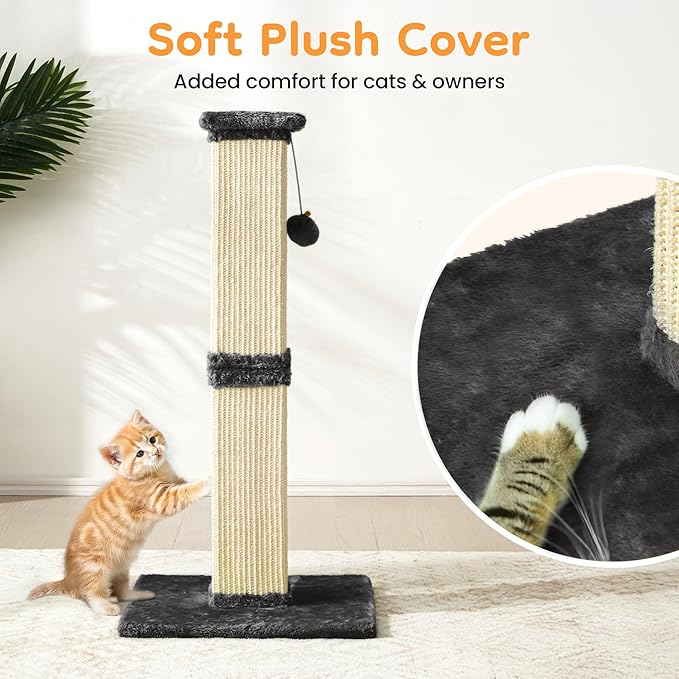 Indoor Cat Scratching Post: 32 in Tall Cat Scratcher with Natural Sisal Rope, Kitty Pet Tower with Sturdy Wood Base and Hanging Ball Toy, Great Gift for Small and Large Kittens, Grey