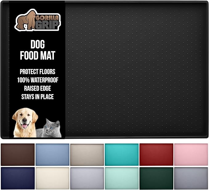 GORILLA GRIP 100% Waterproof Raised Edge BPA Free Silicone Pet Feeding Mat, Dog Cat Food Mats Contain Spills Protects Floors, Placemats for Cats and Dogs Water Bowl, Pets Accessories 28x18 Black