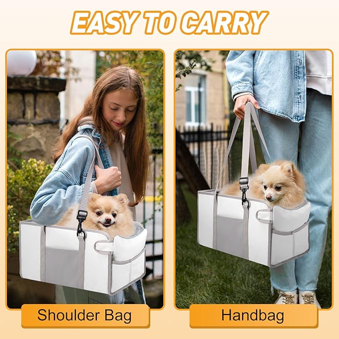 Portable Dog Car Seat for Small Dogs - Pet Booster Seat with Safety Leash, Adjustable Straps, Washable Cushion & Storage Pocket - Center Console Puppy Car Seat for Travel - Beige