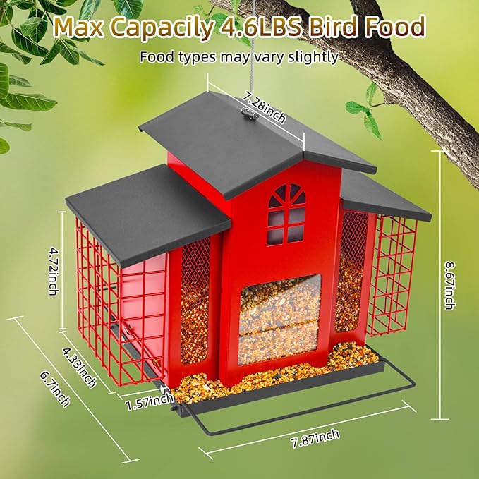 Large Bird Feeders for Outdoors Hanging,Metal Bird Feeder with Double Suet Cage Cake,Sturdy & Weatherproof,Easy to Clean & Refill,4.6Lbs Large Capacity, Great for Attracting Wild Birds,Red