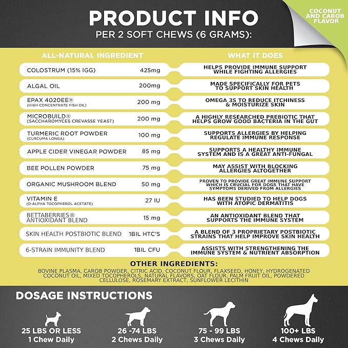 Googipet Dog Allergy Chews, Seasonal Dog Allergy Relief & Itchy Skin Relief, Skin & Coat Supplement +Bee Pollen, Colostrum, Coconut Oil, Probiotics, & Omega 3 Fish Oil for Dogs