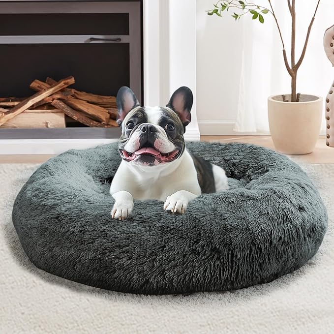 JOLLYVOGUE Calming Dog & Cat Bed for Large Dogs, Anti-Anxiety Donut Cuddler Cozy Soft Round Bed with Anti-Slip Bottom, Fluffy Faux Fur Plush Cushion Beds for Medium Dogs (36")