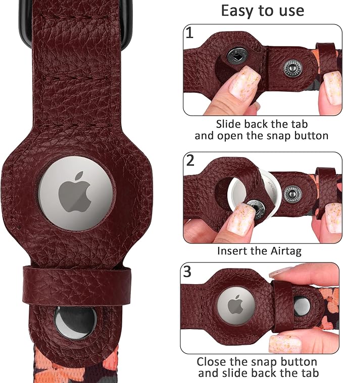 AirTag Dog Collar with Metal Buckle - Soft Leather Printed Nylon Dog Collar with Apple AirTag Holder - Cute Tracking GPS Pet Collars for Girl Boy Small Large Dogs (M, 14"-18" Neck Fit, Crossandra)