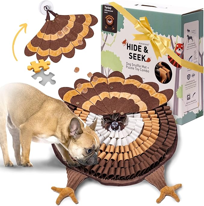 POPUPJOYS Durable Hide & Seek Snuffle Mat for Dogs, 2-in-1 Enrichment Puzzle Toy with Detachable Tail & Squeaker, Adjustable Difficulty Level with Suction, Machine Washable, Gift-Ready (Turkey)