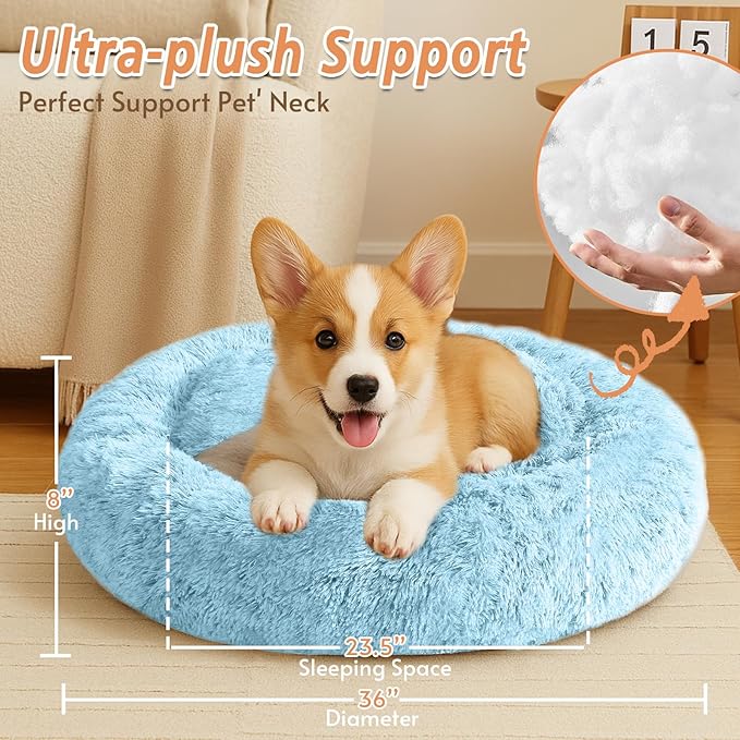JOLLYVOGUE Calming Dog & Cat Bed for Large Dogs, Anti-Anxiety Donut Cuddler Cozy Soft Round Bed with Anti-Slip Bottom, Fluffy Faux Fur Plush Cushion Beds for Medium Dogs (36")