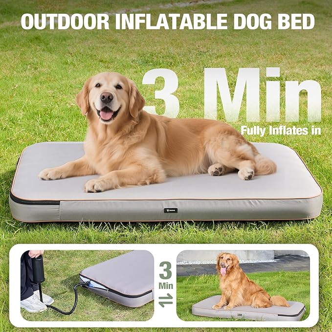 Lekereise Travel Dog Bed (49" x 26") – Foldable, Inflatable Outdoor Dog Bed,Portable & Machine Washable – Comes with a Manual Inflator - Grey