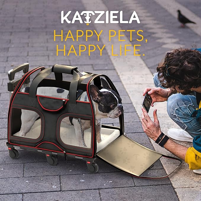 Katziela Pet Carrier - Airline Compliant - TSA Approved Pet Carrier for Small Dogs and Cats - Soft FAA Travel Airplane Dog Carrier Luggage (Black/Red)