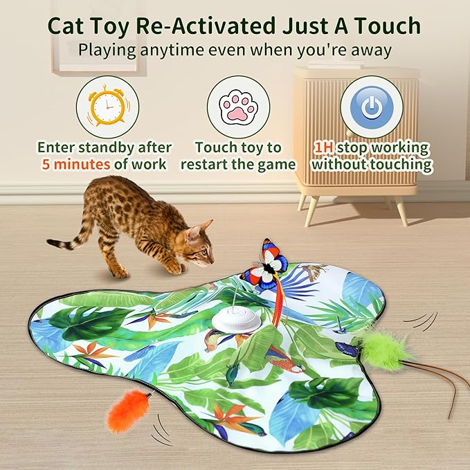 4-in-1 Interactive Cat Toy, Hide and Seek Cat Toys for Indoor Cats, Automatic Cat Kitten Toys with Moving Concealed Feathers, Fluttering Butterfly, Lifelike Sounds,Touch Activated, USB Rechargeable