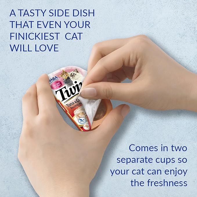 INABA Twins for Cats, Side Dish/Topper Cups, 1.23 Ounces per Serving, 16 Servings, Tuna & Chicken with Salmon Recipe