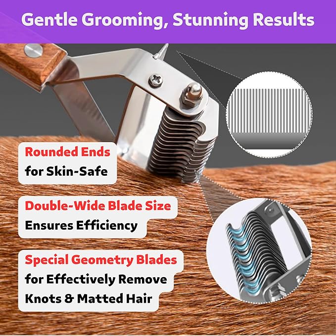 2 in 1 Dogs Cats Dematting Grooming Comb, Perfect Deshedding Undercoat Rake for Poodle & Goldendoodle, Efficiently Detangling Shedding Loose Hair & Matted Fur, All Long Haired Pet (Dark)