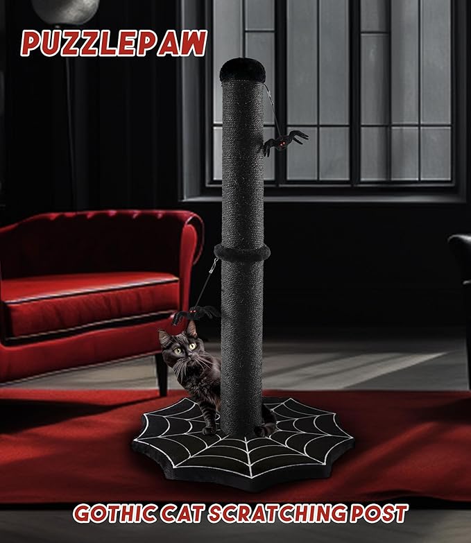 Gothic Cat Scratching Post with Spider Dangling Toys for Indoor Large Cats, Halloween Spooky Cat Scratcher,Activity Cat Play Center Cat Tree Tower Furniture with Cobweb Base,Black,Large