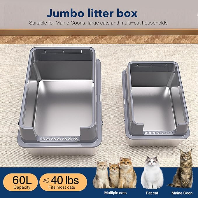 Stainless Steel Litter Box , 28"L*20"W*12"H XXL Extra Large Litter Boxes with lid ,Metal Litter Box with Hight Sides for Big Cats& Multiple Cats,Never Absorbs Odors, Anti-Urine Leakage, Easy Cleaning