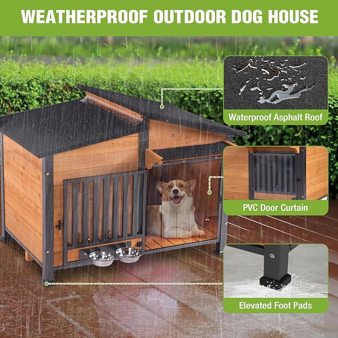 GUTINNEEN Outdoor Dog House Insulated Large Weatherproof Dog Shelter with Chew-Proof Full Metal Frame, 360° Rotatable Spill-Proof Bowl, Openable Roof, Removable Inner Floor for Dogs