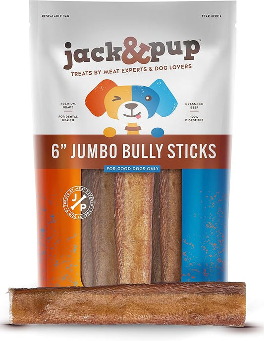 Jack&Pup 6-inch Pizzle Sticks for Dogs (12 Pack) All Natural Jumbo Bully Sticks | Long Lasting Bully Sticks for Medium Dogs