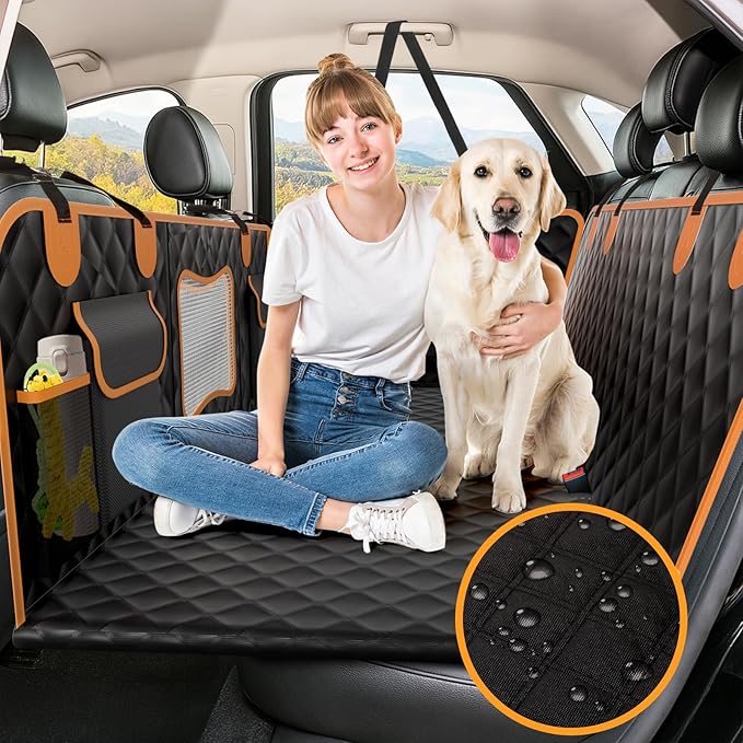 Back Seat Extender for Dogs,Hard Bottom,Waterproof Dog Car Seat Cover for Back Seat Holds 450 lbs - Detachable, Scratch-Proof and Anti-Slip Dog Hammock for Cars, SUVs and Trucks, Bk+ORG