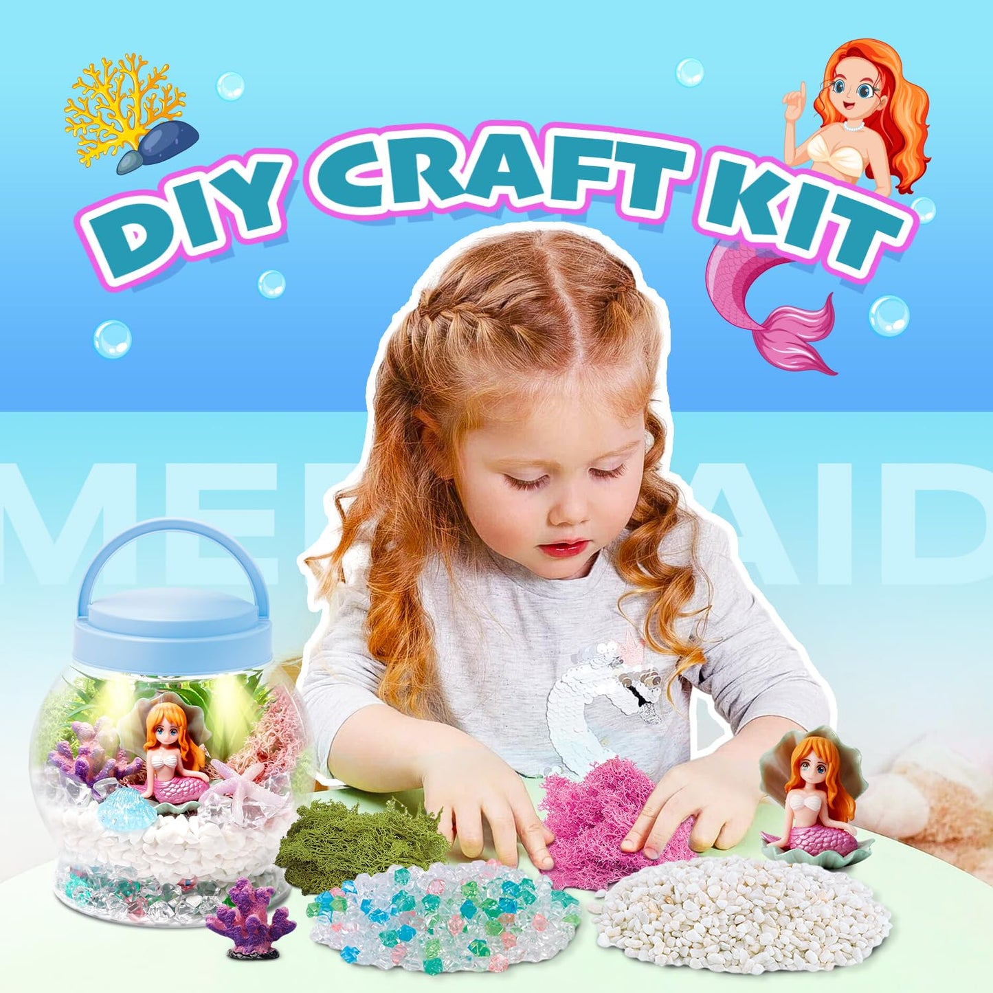 Hasviey Kids Terrarium Kit, Light-Up Mermaid Toys for Girls 4-6, DIY Arts & Crafts Kits for Kids with Remote Control, Preschool Learning & Educational Science Kits, Gift Ideas for Birthday Christmas