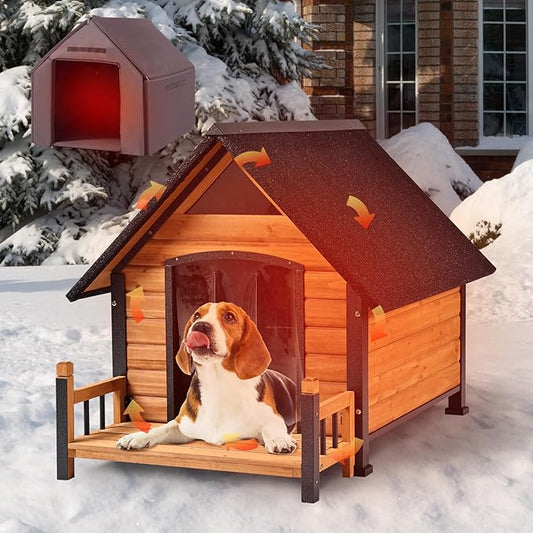 GUTINNEEN Outdoor Dog House Insulated Weatherproof Dog Kennel with Anti-Bite Metal Frame, Puppy Shelter with Insulated Liner and Porch for Small, Medium Large Dogs (Brown, 45’’ Medium)