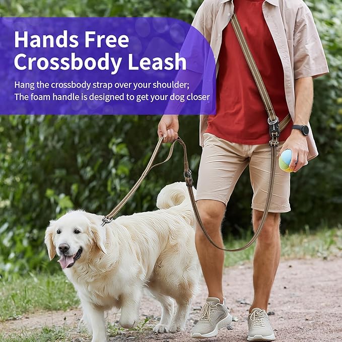 Hands-Free Dog Leash with Adjustable Length 6-9FT + Dual Padded Handles Reflective Safety for Walking, Jogging & Training| Suitable for Medium to Large Dogs & Puppies Brown-L