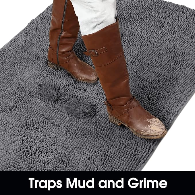 HOMEIDEAS Doormat Indoor Entrance, 36"x24", Highly Absorbent Chenille Muddy Dog Washable Non Slip Front Welcome Door Floor Mat for Entryway, Grey