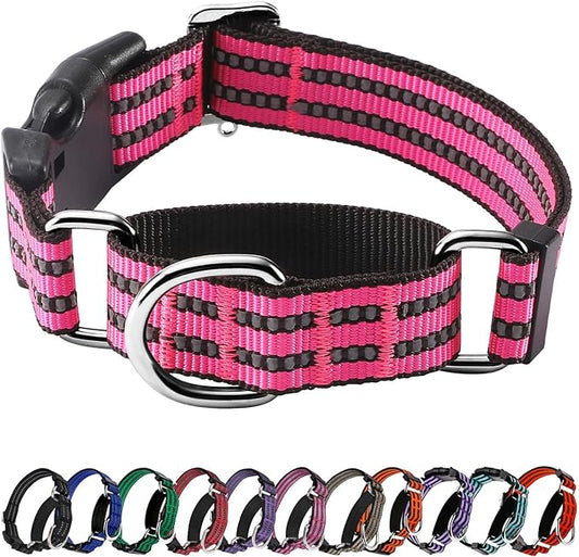 Hikiko Martingale Dog Collars Reflective Nylon Dog Collar with Quick Release Buckle Adjustable Training No Slip Dog Collar (Small, Hot Pink)