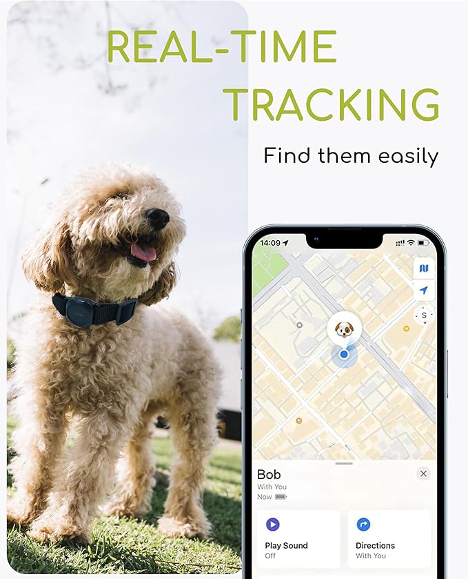 Dog Tracker, Smart Dog Collar with Real-time Pet Location, Cat Tracker Collar (iOS Only), No Monthly Fee & Long Battery Life, Works with Find My, Ideal for Dog/Cat (Black)