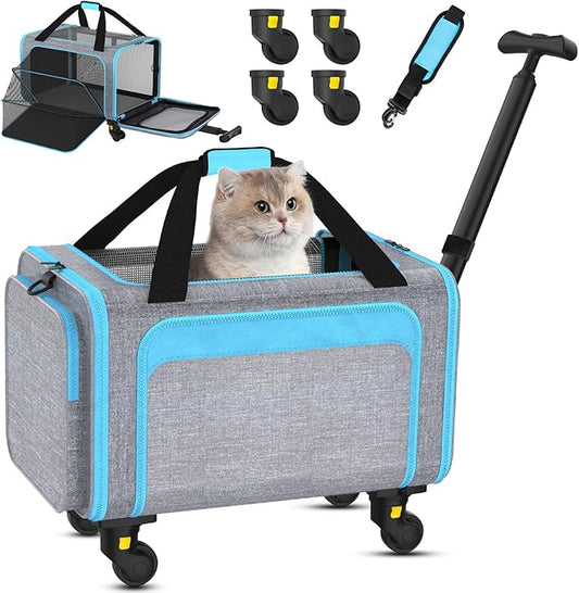 3-in-1 Upgraded Pet Carrier with Wheels, 18" x 11" x 11" TSA Airline Approved, Cat Carrier on Wheels for Small Cats Up to 15Lbs, Rolling Pet Carrier, Cat Soft-Sided Bag for Flying, Travel & Vet