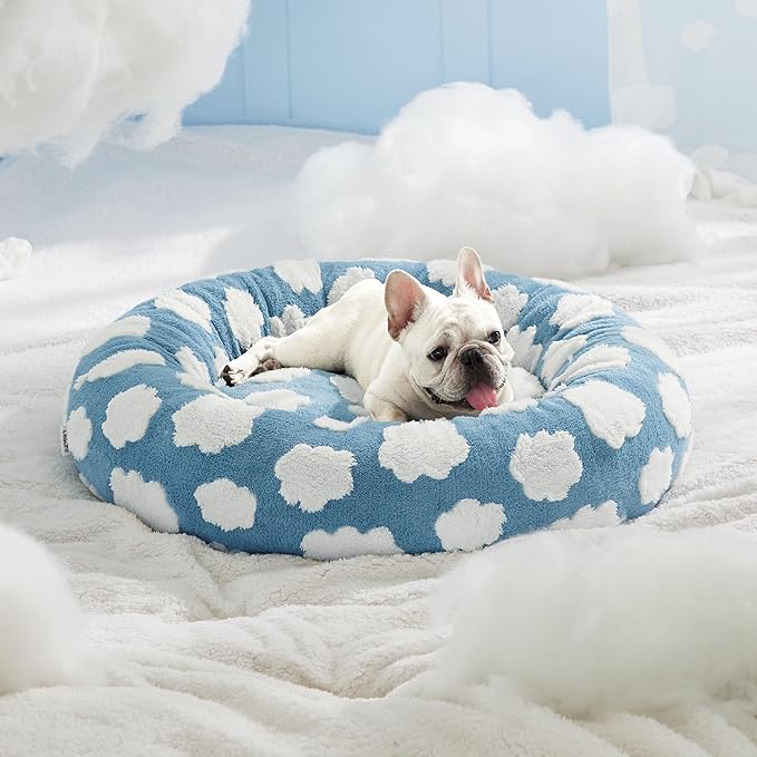 LE SURE Donut Dog Bed Medium Size Dog - Round Cat Beds for Indoor Calming Pet with Washable Cover, Cute Modern Puppy Beds with Jacquard Shaggy Plush & Anti Slip Bottom, 30 Inch, Blue