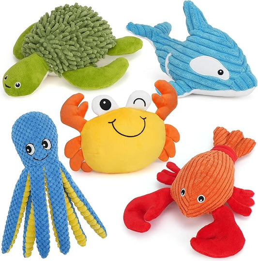 Prime Pets Dog Toys, 5 Pack, Plush Dog Squeaky Toys, Assortment Bundle Ocean Animal Pet Toy for Small Medium Large Dogs, Stuffed Puppy Chew Toy, Doggy Birthday Gift