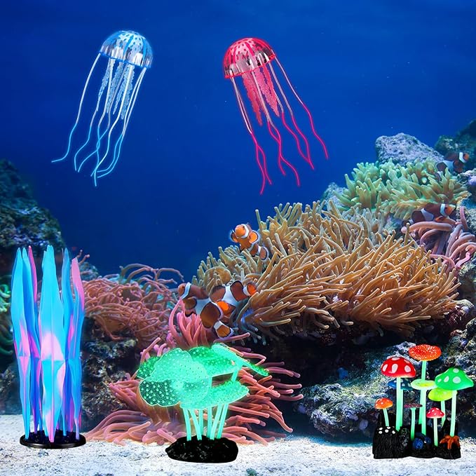 Frienda 8 Pieces Glowing Fish Tank Decorations Plants with 2 Style Glowing Kelp, Sea Anemone, Simulation Coral, Jellyfish, Lotus Leaf, Mushroom for Aquarium Fish Tank Ornament (Blue, Pink)