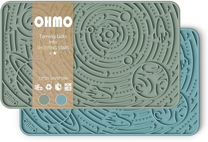 OHMO Lick Mat for Dogs & Cats - Large Size 9.8"×5.9" (2pcs, Blue+Green) - Space Star Design Slow Feeder with Suction Cups, Keep Them Busy & Anxiety Relief, Easy Clean Enrichment Accessories