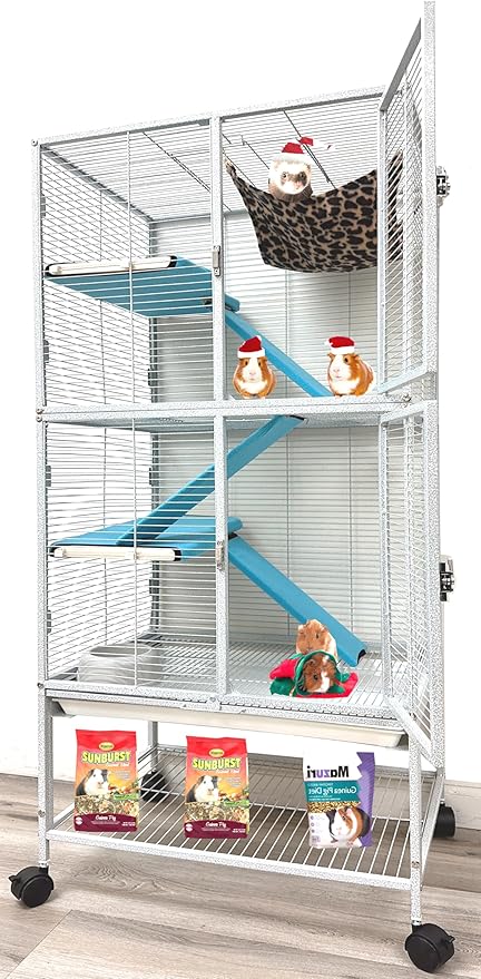 Large Two Story Double Unit Four Tiers Small Animal Critter Home Cage Tight 1/2-Inch Bar Spacing for Feisty Ferret Hammock Chinchilla Rat Mice Squirrel Rabbit Sugar Glider with Rolling Stand