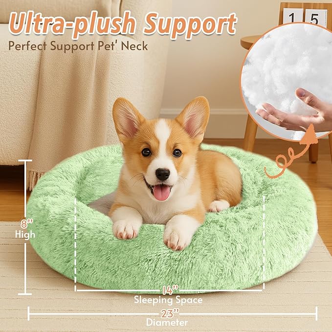 JOLLYVOGUE Calming Dog & Cat Bed for Small Dogs, Anti-Anxiety Donut Cuddler Cozy Soft Round Bed with Anti-Slip Bottom, Fluffy Faux Fur Plush Cushion Beds for Small Medium Pets (23")
