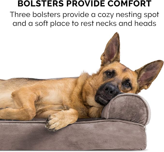 Furhaven Orthopedic Dog Bed for Large Dogs w/ Removable Bolsters & Washable Cover, For Dogs Up to 95 lbs - Faux Fur & Velvet Sofa - Driftwood Brown, Jumbo/XL