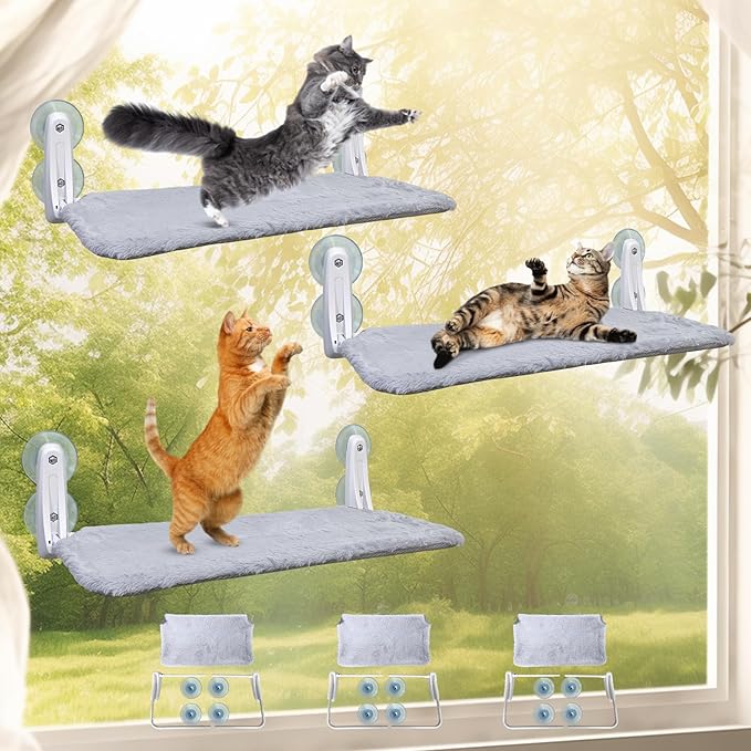 L&W BROS. 3Pc Heavy Duty Cat Window Perch, 50lb Load Foldable Hammock with Strong Suction Cups, Window Bed for Large & Multiple Cats (L 3Pc)