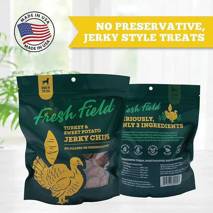 Fresh Field Turkey & Sweet Potato Jerky Chips, 5 oz – All-Natural Dog Treats, USA Made, Ideal for Allergies & Weight
