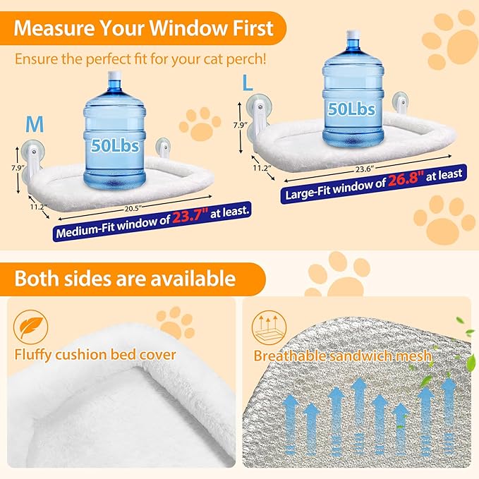 L&W BROS. Cat Window Perch Cushion Bed Cat Window Hammock with 4 Updated Suction Cups Easy to Assemble Cat Window Bed for Heavy Large Cats (L 1Pc)