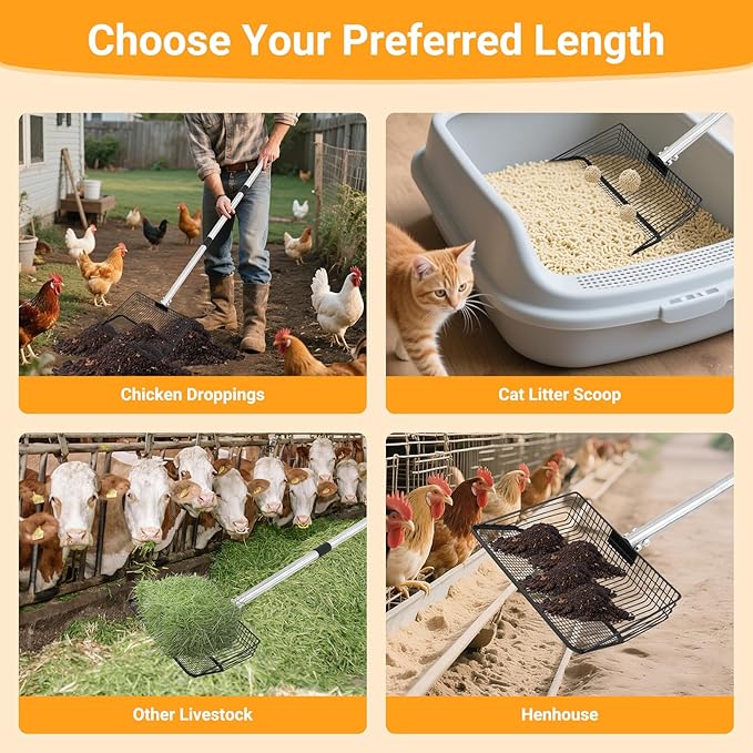 Large Metal Chicken Poop Scooper, 36 to 75" Adjustable Long Chicken Coop Litter Scoop with Stainless Steel Handle, Durable Sand Sifting Litter Shovel for Chicken Coops & Small Farm Animals