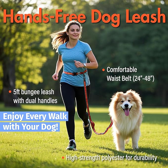 Hands Free Dog Leash with Waist Belt Lifetime Replacement, Dual Handle Bungee Leash for Running, Jogging, Hiking and Walking, for Medium and Large Dogs 5518