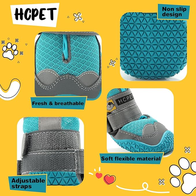 Hcpet Dog Shoes for Large Dogs, Breathable Dog Booties for Small Medium Dogs, Anti-Slip Dog Boots & Paw Protectors for Hot Pavement Winter Snow Hiking with Reflective Straps Blue Size 3