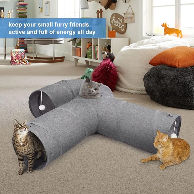 Ownpets Cat Tunnel 12 Inches in Diameter Larger Pet Tunnel Tube with Plush Ball & Feather Toy, U-Shaped Cat Play Tunnel for Big Cat, Puppy and Rabbits