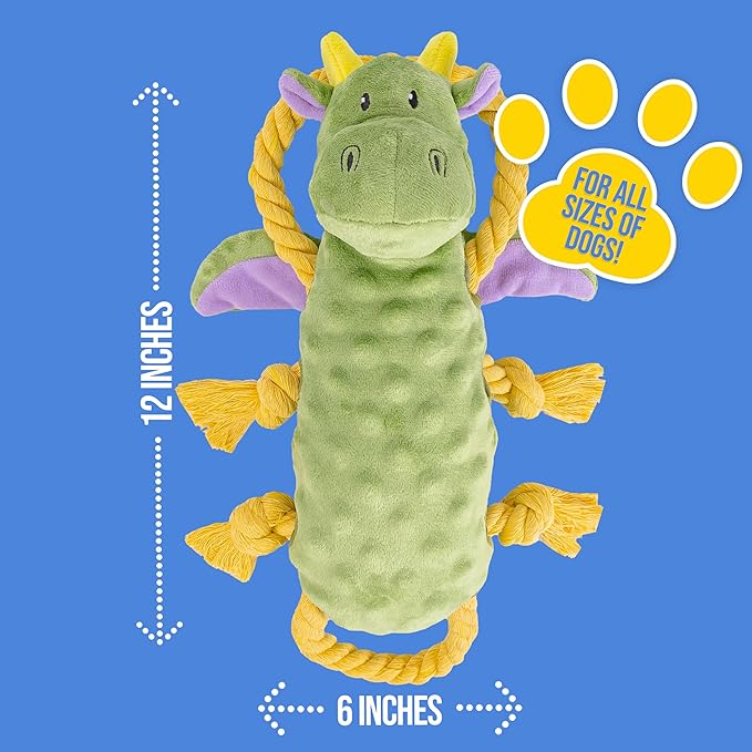 Squeaky Dog Stuffed Animals Chew Toy, Crinkle Paper Tug of War Rope Plush Dog Toy, Soft Tough Squeaker Dog Entertainment Toys for Home Alone, Fun Boredom Busters for Dogs - Dragon