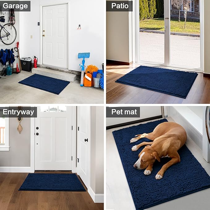 HOMEIDEAS Doormat Indoor Entrance, 60"x36", Highly Absorbent Chenille Large Muddy Dog Washable Non Slip Front Welcome Door Mat for Entryway, Navy Blue