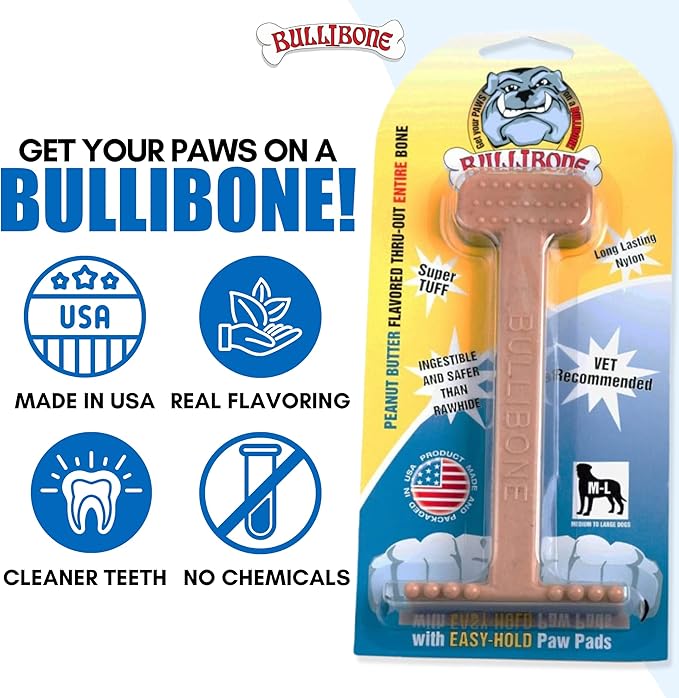 Bullibone Nylon Dog Chew Toy Nylon Bone - Improves Dental Hygiene, Easy to Grip Bottom, and Permeated with Flavor (Peanut Butter, Large - 2 Pack)