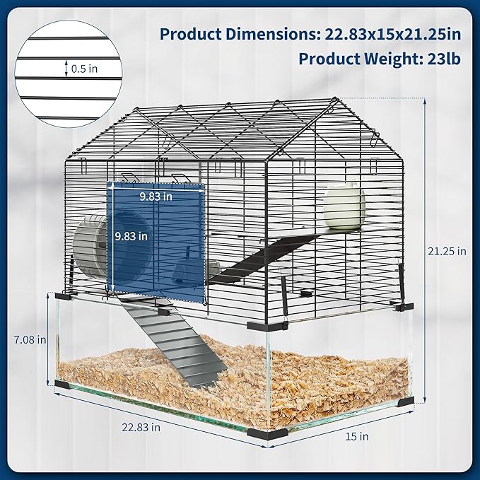 Large Hamster Cage with 7" Deep Tempered Glass Bottom, 3 Tiers Big Hamster Tank with Running Wheel, Hut, Water Bottle, Dish, Rat Cages for Syrian, Dwarf, Gerbils, Mouse, 22.83" x 15" x 21.25"