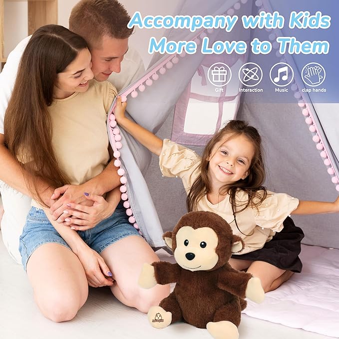 Hopearl Clapping Monkey Interactive Musical Stuffed Animal Singing Plush Toy Adorable Electric Animate Gifts for Kids, Brown, 11''