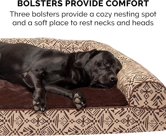 Furhaven Orthopedic Dog Bed for Large Dogs w/ Removable Bolsters & Washable Cover, For Dogs Up to 95 lbs - Plush & Southwest Kilim Woven Decor Sofa - Desert Brown, Jumbo/XL
