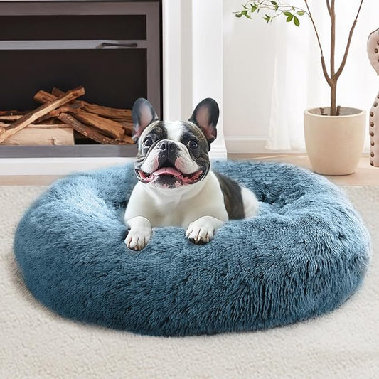 JOLLYVOGUE Medium Calming Dog Bed, Anti-Anxiety Donut Cuddler Cat Bed with Anti-Slip Bottom, Fluffy Faux Fur Machine Washable Pet Cushion for Medium Large Dog & Cat (31")