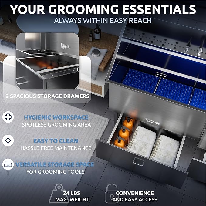 KANIS Professional Dog Washing Station - 304 Stainless Steel Pet Wash Sink & Grooming Bath Tub for Home with Ramp, Shower, Floor Grate, Storage Drawers, and Faucet for Large, Medium & Small Pets