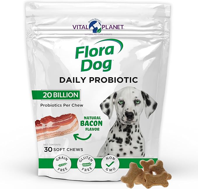 Vital Planet - Flora Dog Probiotics, Dog Chews Supplement with 20 Billion Cultures and 11 Strains, Immune and Digestive Support Chewable Probiotics for Dogs, 30 Natural Bacon Flavored Soft Chews