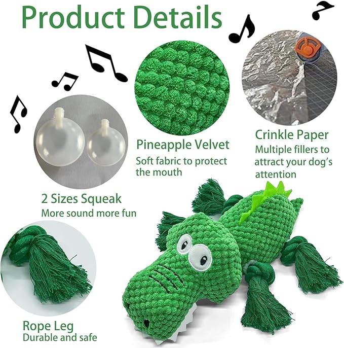 AIMETING Dog Toys, Durable Dog Chew Toys, Dog Squeak Toy with Fun Crinkle Paper, Plush Toys Suitable for Small, Medium, Large Dogs (Crocodile)